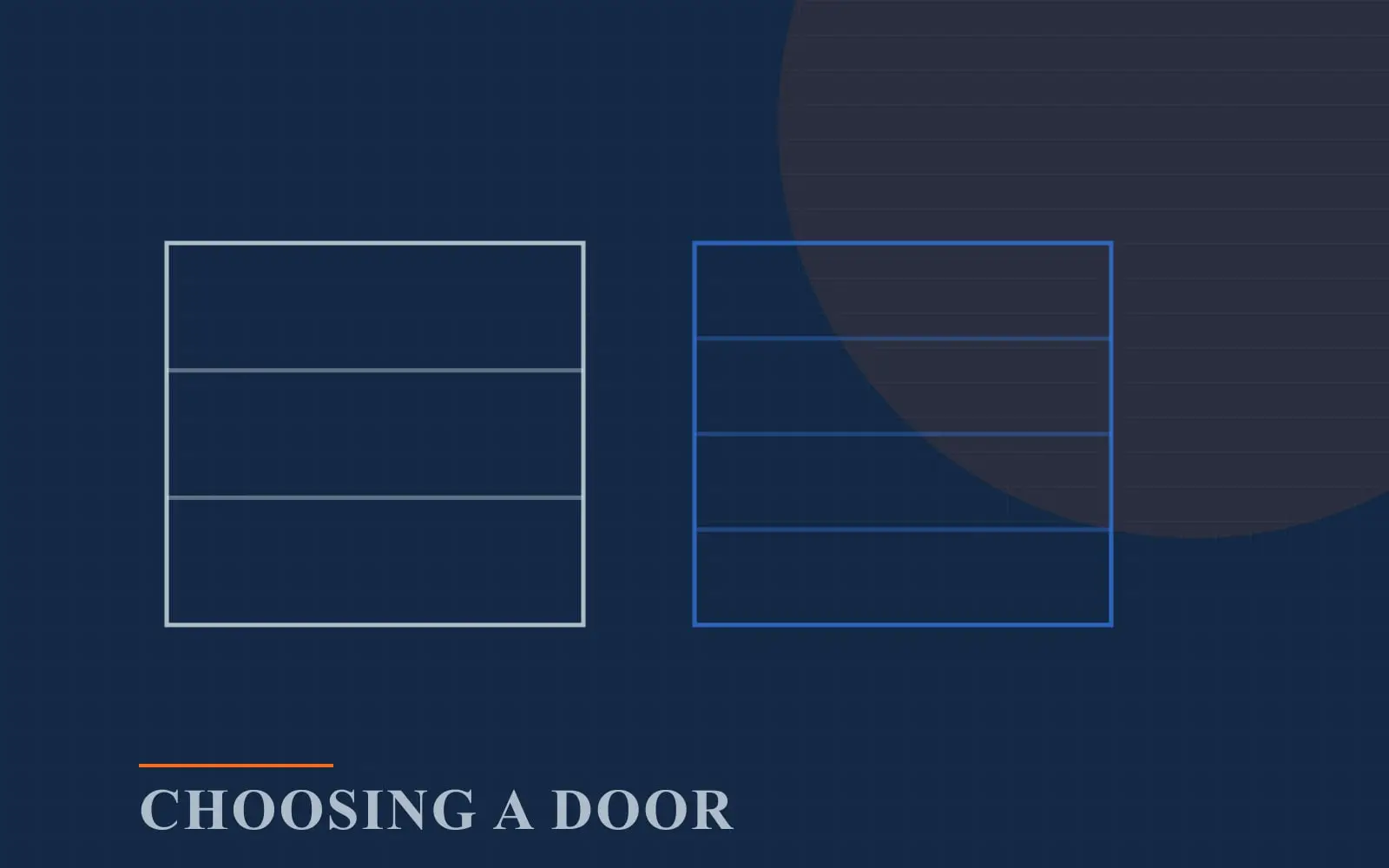 Editorial graphic panel labelled CHOOSING A DOOR, drawn in the site's colours as two side-by-side line-art garage door sections in different tones, not a photograph